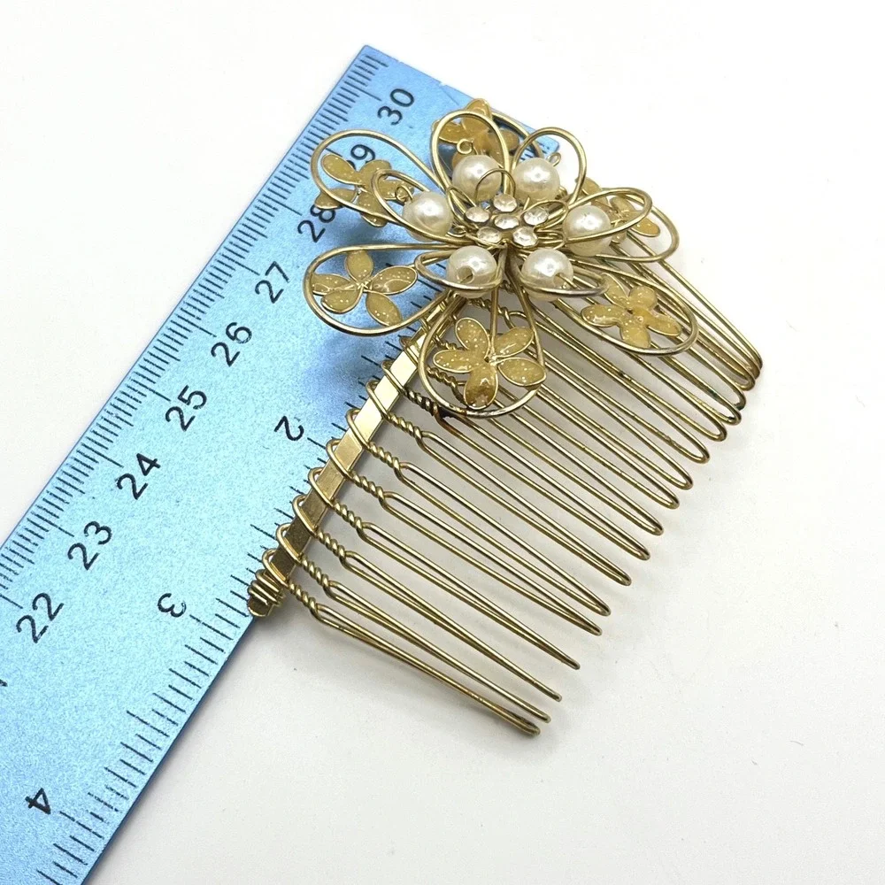 Gold Tone Floral Hair Comb‎ Faux Pearl Rhinestone Wedding Bridal Accessory